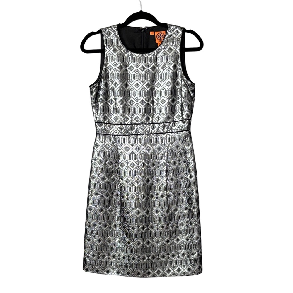Tory Burch Ryanne Metallic Sheath Dress Size 4 Silver Black Cocktail - Picture 1 of 7